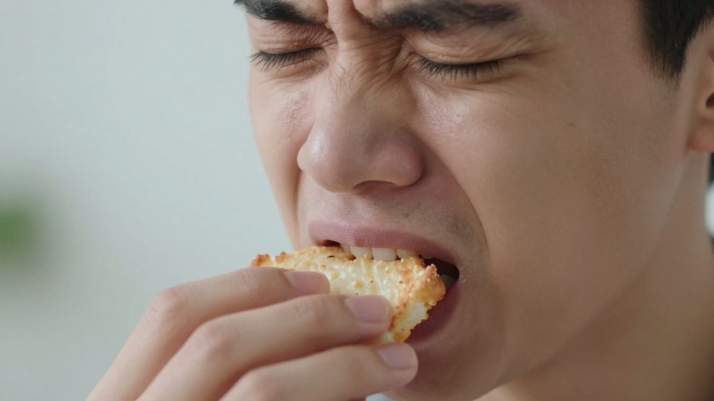 Person experiencing tooth pain while biting food.