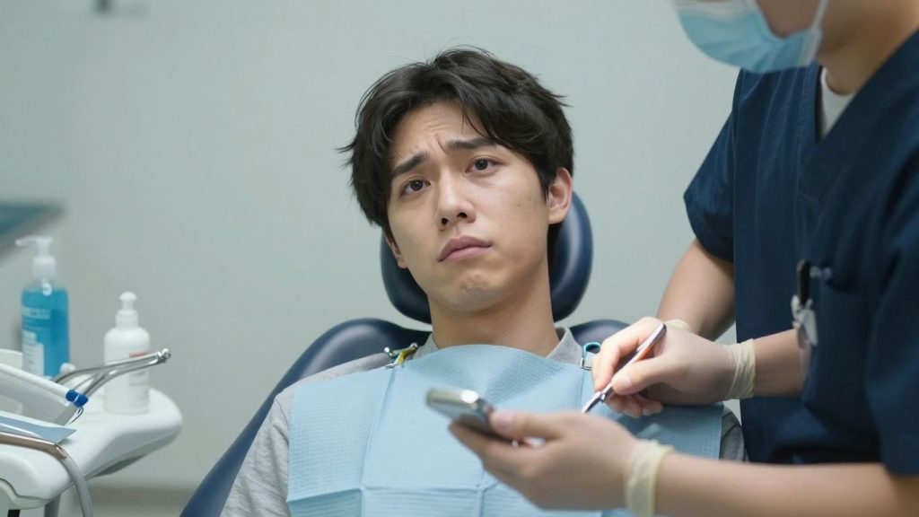 Person looking anxious in a dentist's chair.