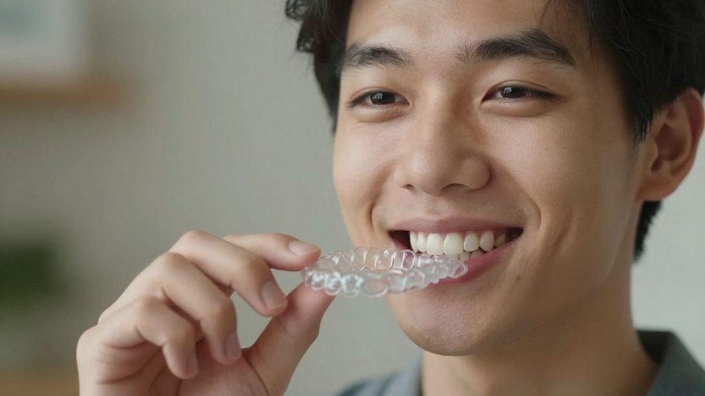 Person holding Invisalign aligner near smiling mouth.
