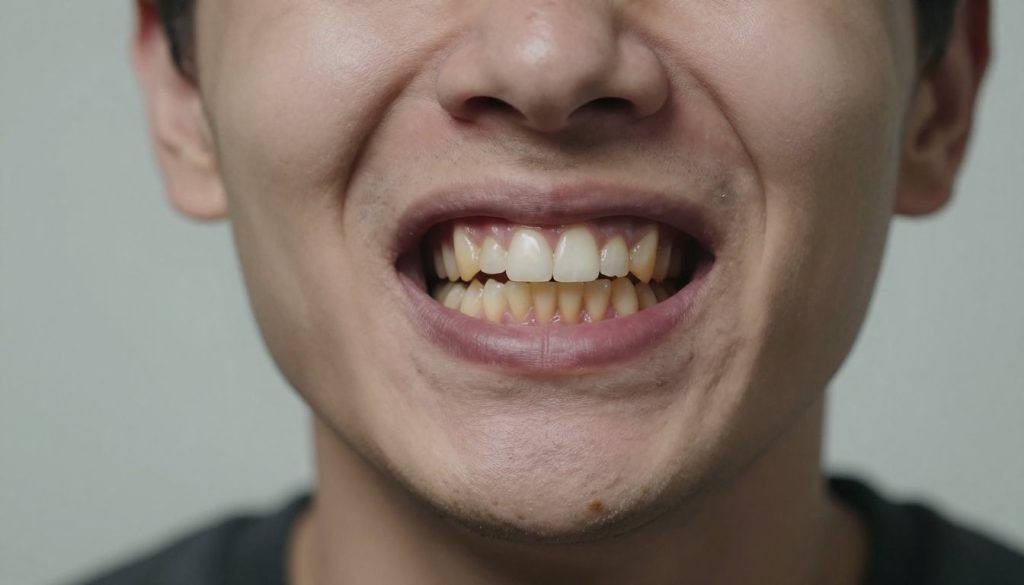 Person with yellow teeth looking distressed and in discomfort.