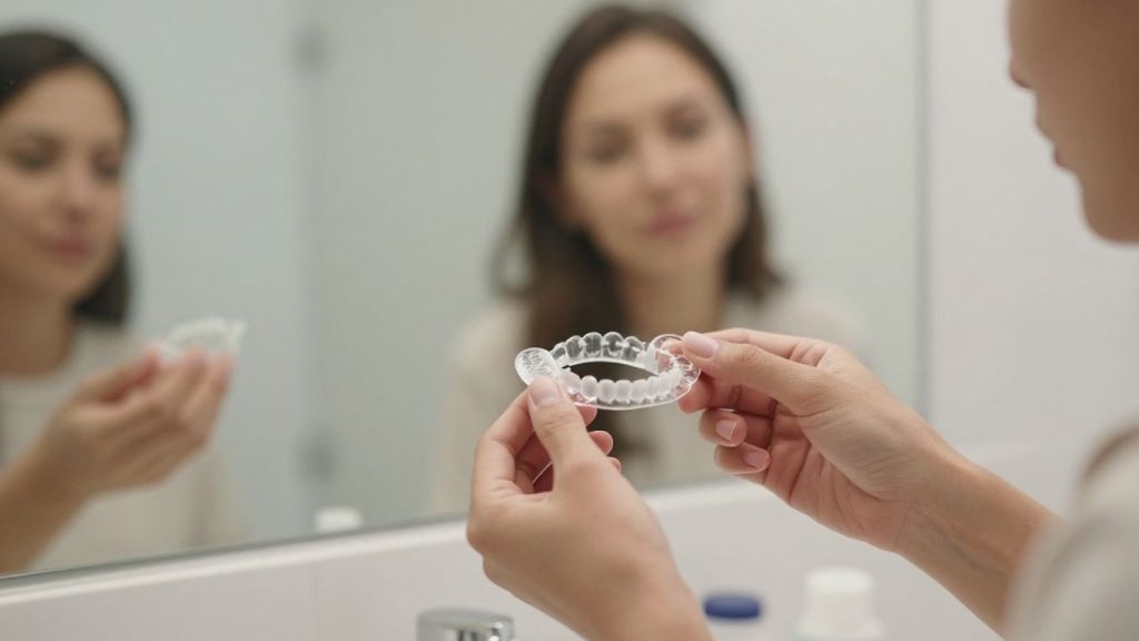 Person checking a clear retainer at home